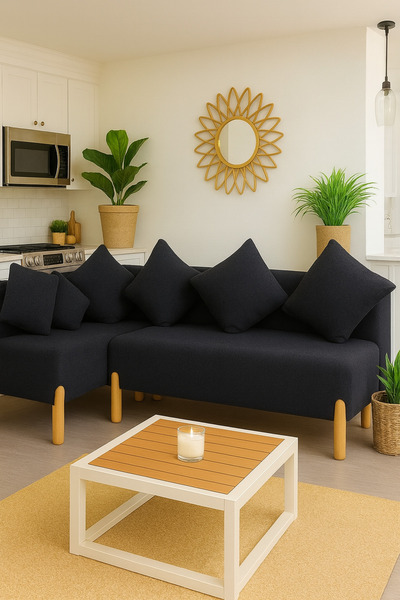 LOTUS PORT Köşe Takımı Siyah Peluş Kumaş