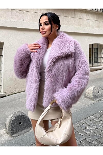 maymagaza Eyfel Şal Yaka Kürk Kaban Lila
