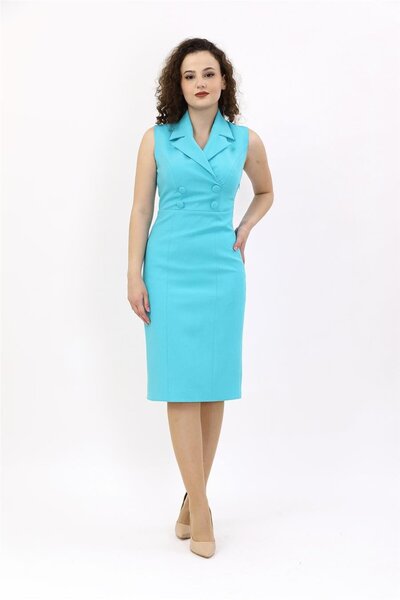 ÖNDER ÖZSOY Yakalı Kolsuz Düğmeli Elbise-turkuaz
