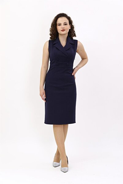 ÖNDER ÖZSOY Yakalı Kolsuz Düğmeli Elbise-lacivert