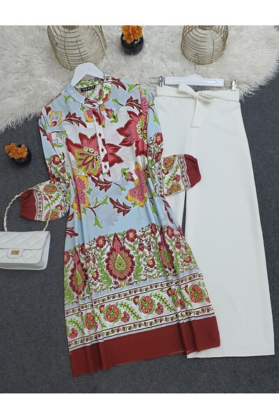 HİJABAYA Cotton Viscose Tunic - Floral Pattern, Half Button