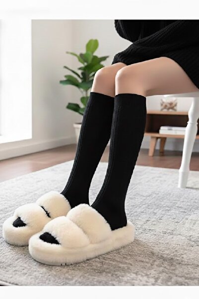 Panowill Design Kadın Pamuklu Fitilli Siyah Diz Altı Bot Çizme Çorabı Kadın Ç...