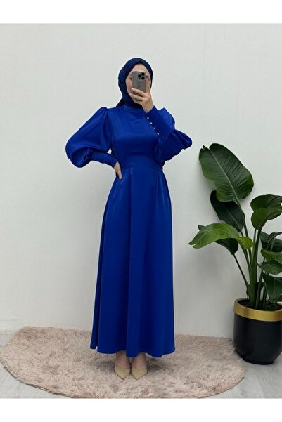 HİJABAYA فستان من الساتان بأكمام بالون - أساور طويلة وربطة عنق على الخصر