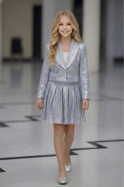 By Feyza Kids Collection By Feyza Girl's Silver Sequined 3 τεμαχίων Σετ Μπουφάν Φούστα Μπλούζα Συνδυασμός Πρωτοχρονιάτικο Φόρεμα 5-12 ετών