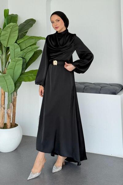 Şulemoda Giyim فستان ديجاجي من الساتان باللون الأسود