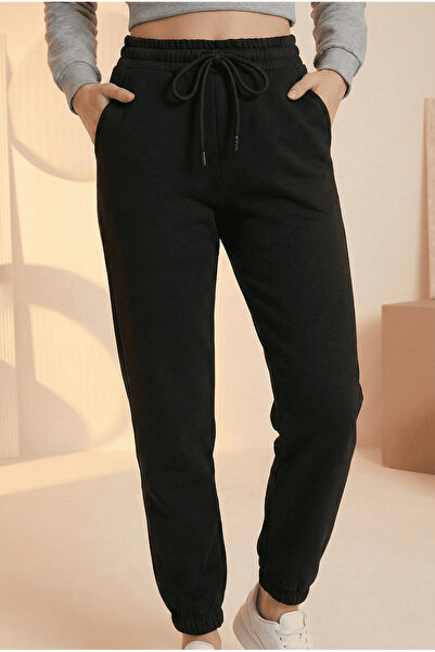 ESPİNA Γυναικείο κορδόνι με ελαστική μέση και πόδι με τρεις κλωστές πλεκτό φούτερ Jogger μαύρο