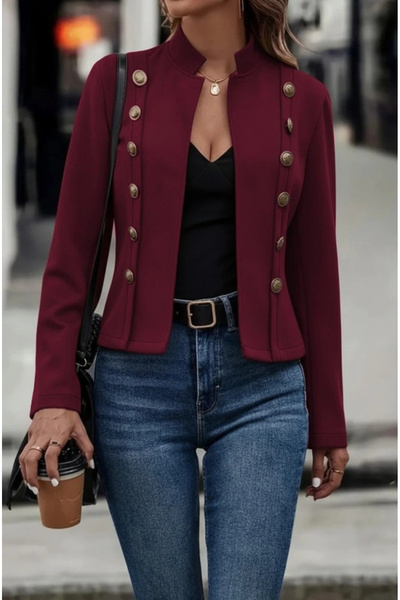 ARONA MDB Kadın Uzun Kollu Hakim Yaka Yanlardan Düğmeli Kısa Süet Ceket