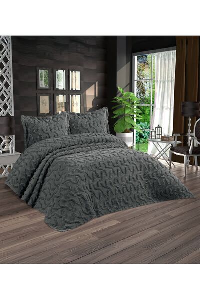 Lady London Ponponlu Ayça Model 3 Parça Çift Kişilik Yatak Örtüsü-Antrasit Rengi