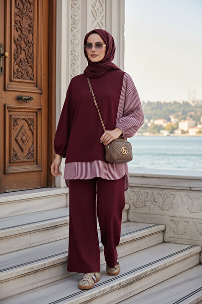 Aselim Hijap Moda Γυναικείο Σετ Χιτζάμπ Σετ Πουκάμισο Διπλό Σετ Πουκάμισο Σκούρο Βουργουνδία