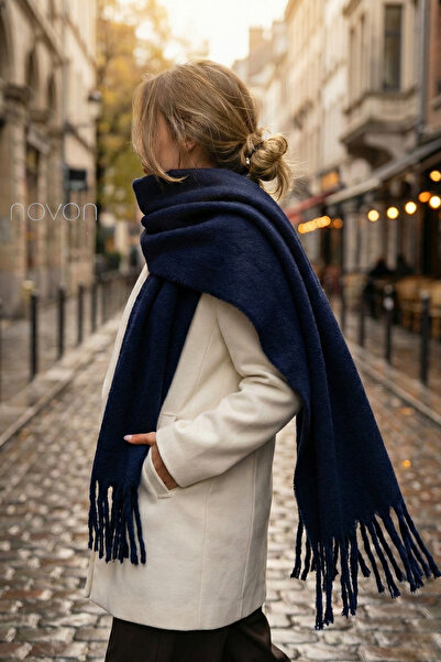 novon Klein Soft Touch Tassel Detailed Wool Textured Premium Navy Blue Fringed Winter Shawl / Scarf (195 X 45 cm)