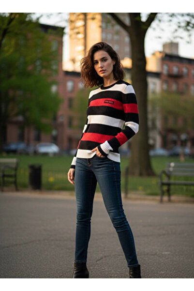 YusGos Women's Crew Neck Thick Striped Steel Knit High Quality Knitwear Sweater