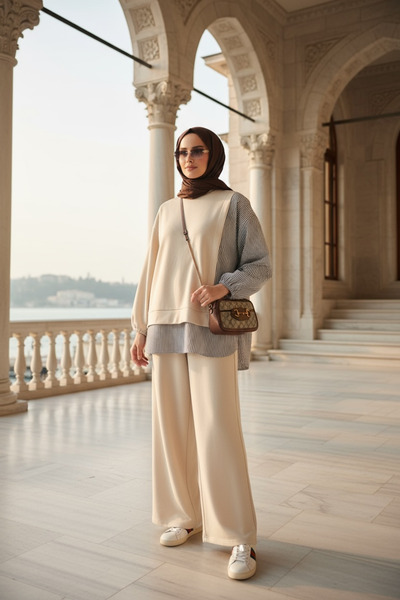 Aselim Hijap Moda Γυναικείο Σετ Χιτζάμπ Σετ Πουκάμισο Δύο Τεμάχια Βανίλια