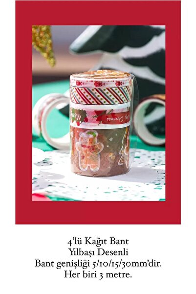 Padme studio Washi Tape Yılbaşı Desenli Kağıt Bant-4’lü (5/10/15/30mm Genişlik*3metre)