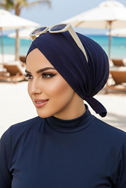 Aişe tesettür Lacivert Çapraz Deniz - Havuz Bonesi