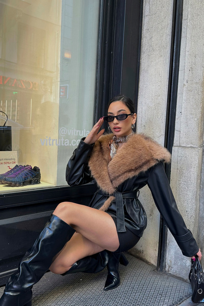 ASEDE Jachetă din piele cu guler de blană premium