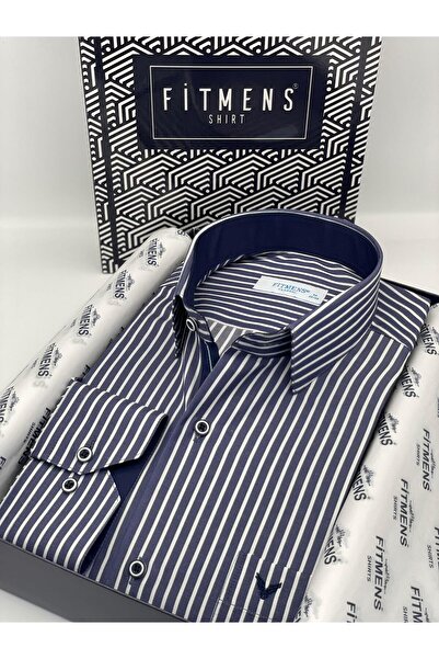 Fitmens قميص رجالي كلاسيكي بأكمام طويلة وخطوط سميكة فاخرة مع علبة هدايا FS-001266 - أزرق داكن وأبيض