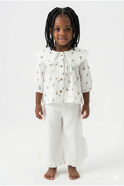 Mini Baray Floral Patterned Muslin Shirt & Ruffled Double Set - Baby Girl for...