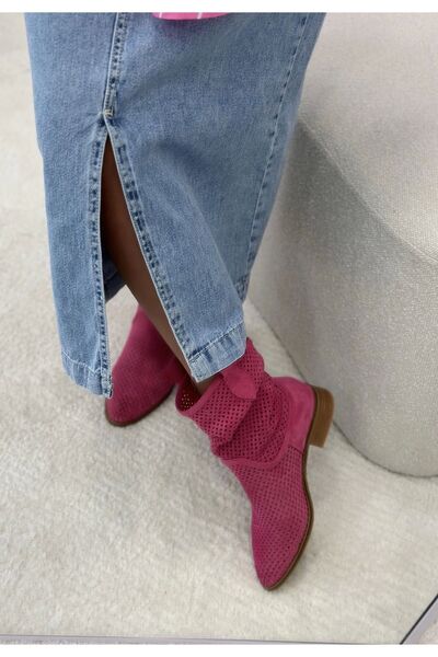 POTEEN Cizme de vară perforate cu toc scurt din piele intoarsa Ptc Devine - f...