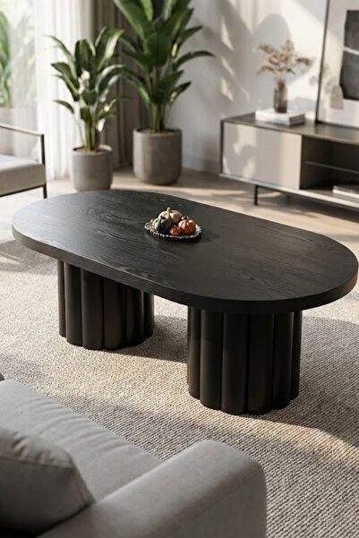 Liya Hisar Orta Sehpa Ahşap Orta Sehpa Oval Salon Sehpa Oval Orta Sehpa Bohem 120x70 Cm Siyah