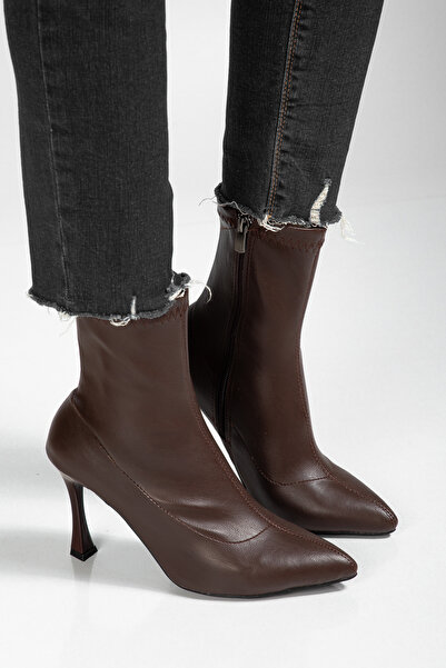 Genetti Elara 9 cm İnce Topuklu Fermuarlı, Sivri Burun Kahverengi Kadın Sock Kahverengi Boot