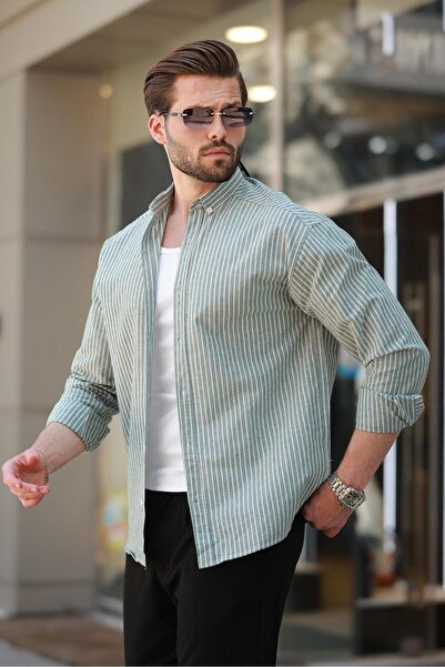 Madmext Hosszú ujjú zöld csíkos pamut férfi ing - 6746