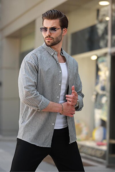 Madmext Pánská bavlněná košile s dlouhým rukávem, černá pruhovaná - 6746