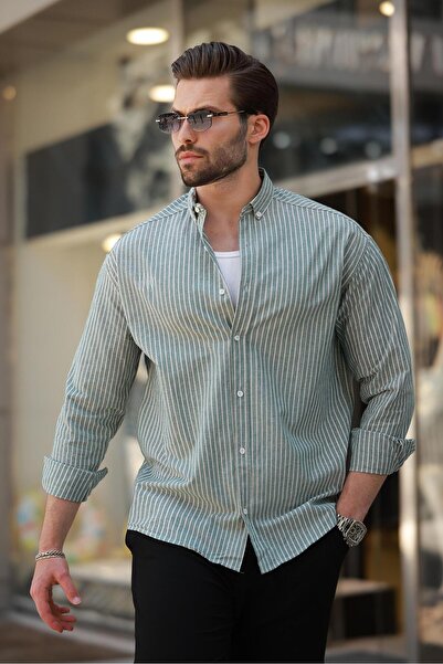 Madmext Hosszú ujjú zöld csíkos pamut férfi ing - 6746