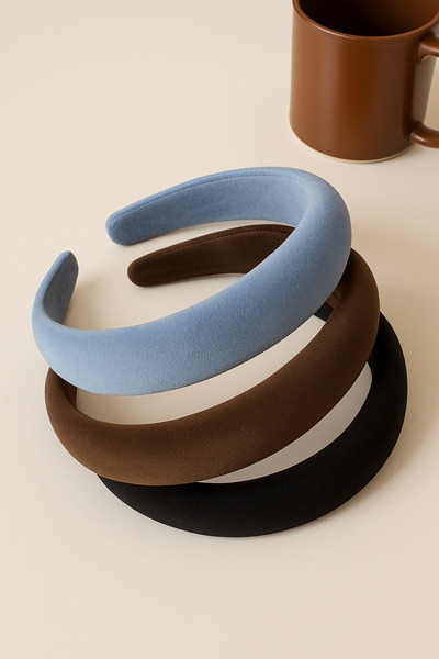 Store Kadife Kalın Saç Bandı – Siyah Buz Mavisi Kahve – 3’lü Set