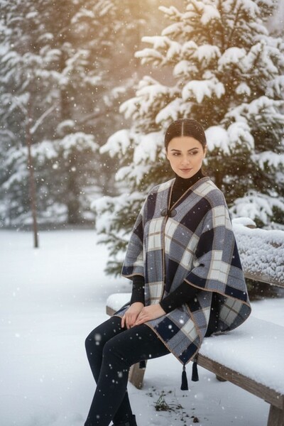 Onur Poncho - Woven Fabric Knitwear Hijab Poncho Winter with Buttons Keeps Warm Outerwear Quality Fashion Store