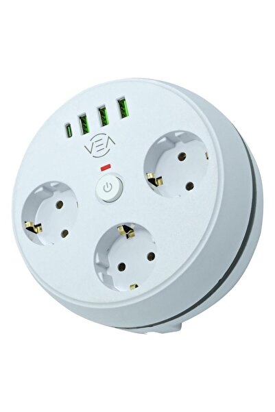 VEA VE-26583 3'LÜ 1.5 Metre Kablolu 3 USB / TYPE-C Girişli Akım Korumalı Grup...