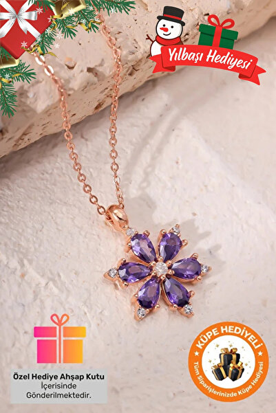 Lucente Jewellery 925 Ayar Hediye Kutulu Mor Lotus Gerçek Ametist Taşlı Rose Gümüş Kaplama Lotus Çiçeği Kadın Kolye