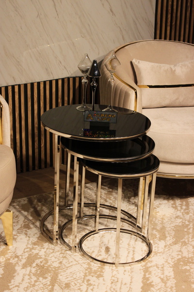 VEDAT BEBE Gümüş Zigon Sehpa Siyah Kırılmaz Ayna Camlı