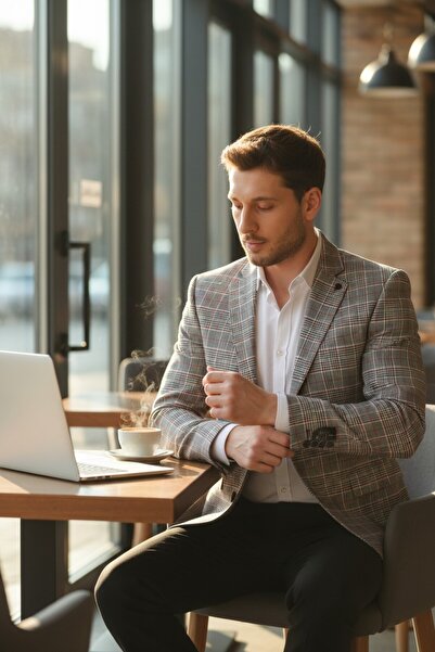 Frappoli Ferruci Erkek Siyah - Bordo Ekose Slim Fit Dar Kesim Mono Yaka Spor Blazer Ceket