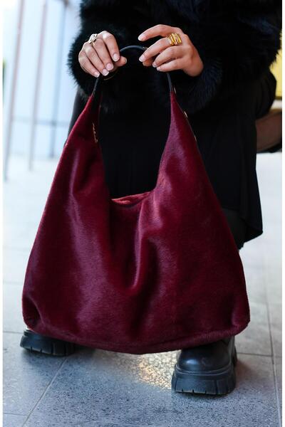 minebag Plush Textured Leather Detailed Viona Handbag Claret Red