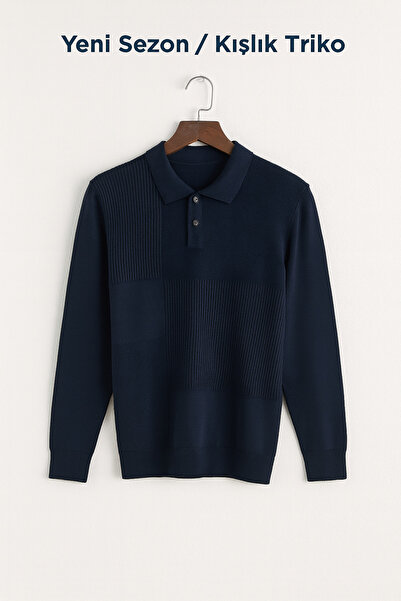 RAPAPA Ανδρικό πλεκτό πουλόβερ με λαιμόκοψη πόλο – Μαύρο μπλε μακρυμάνικο κομψό μοντέλο 1293 L