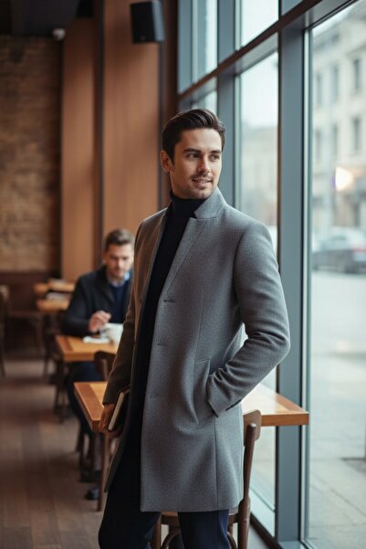 Frappoli Erkek Regular Fit Dik Yaka Kaşe Kaban