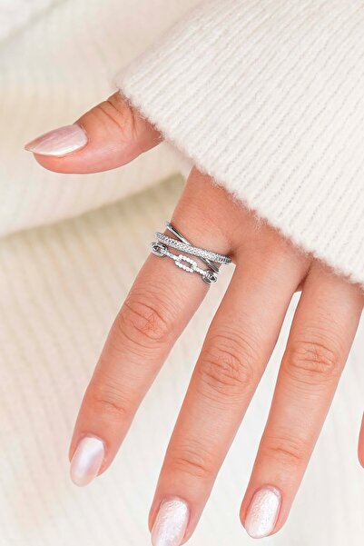 TREND COLLECTİON Gümüş Renk Taşlı Işıltılı VİP Ayarlanabilir Kadın Yüzük