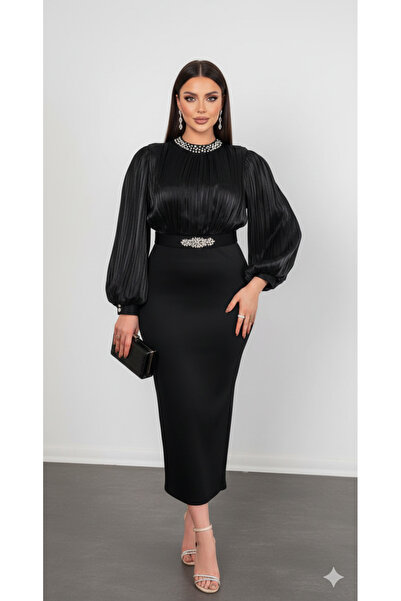 CAREZZA Luméris - Boncuk Yaka Detaylı Abiye Elbise - Siyah