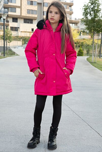 Cansın Mini Pink Snap Pocket Flexible Waist Fur Inside Girl's Hooded Coat 21307