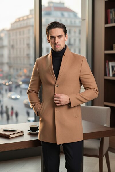 Frappoli Men's Regular Fit Stand Collar Cashmere Coat