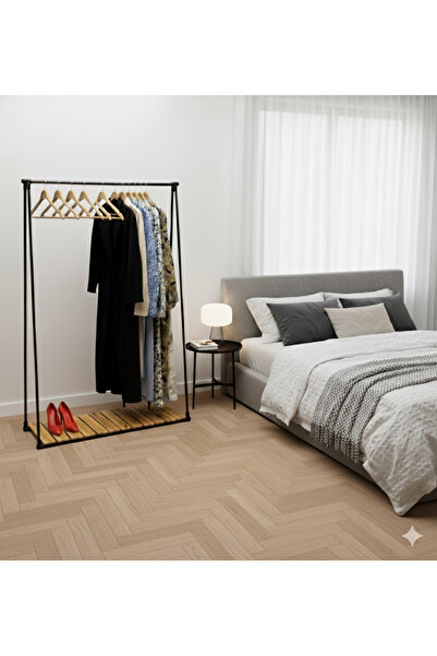 NovaLand Metal Ahşap Raflı Konfeksiyon Ayaklı Elbise Askılık Sabit 150x100x35