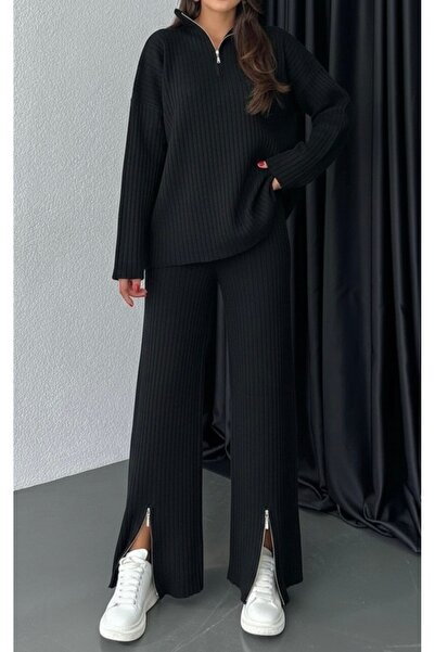 Zipper Detail Knitwear Sweater Trousers 2 Piece Set