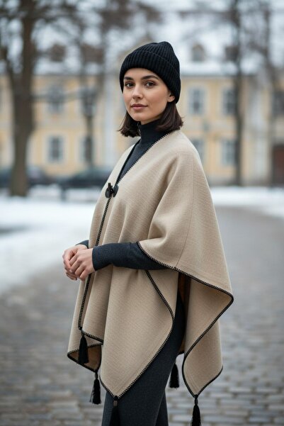 Onur Winter Knitwear Poncho - Solid Color, Edge Stripe, Fashion Trending Product - Store