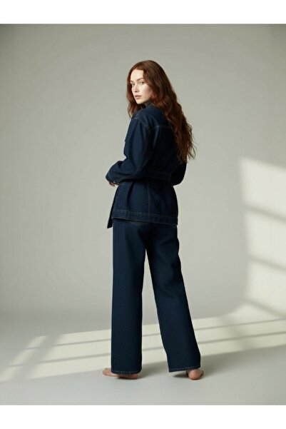 Molly Nelly Women's Metal Button Belted Long Denim Blouse Pants Set