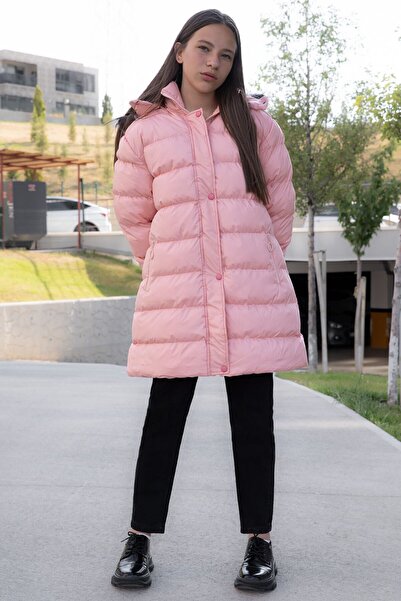 Cansın Mini Salmon Fur Inside Snap Fastener Hooded Girl's Puffer Coat 21320