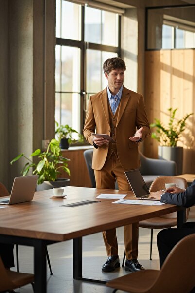 Frappoli Celiato Men's Camel Polyviscon Fabric Jacket+Pants+ Vest Set Slim Fit Suit