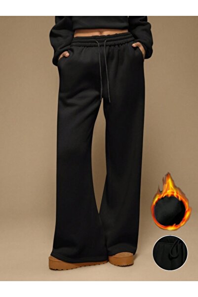 Sun Victoria Women's Black Wide Leg 3 Thread Fleece Winter Sweatpants