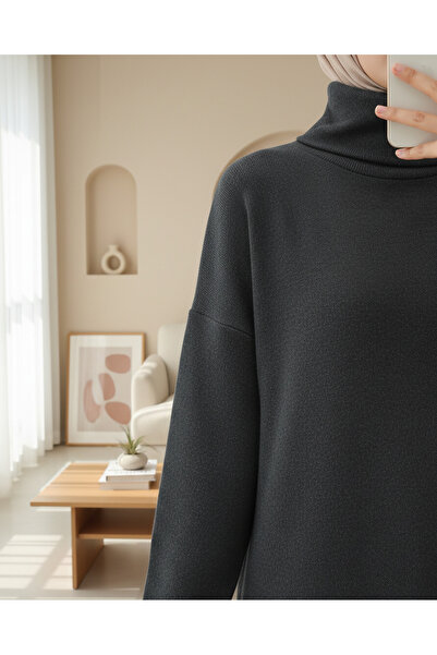 Modamorfo Turtleneck Slit Ribbed Knit Tunic -Anthracite