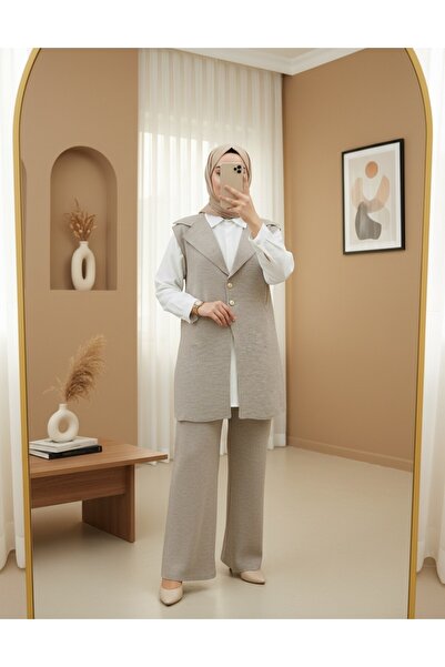 Modamorfo Buttoned V-Neck Vest Pants Knitwear Set - Light Mink