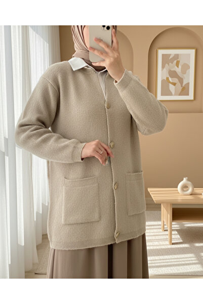 Modamorfo Soft Knit Cardigan with Buttons on the Front and Double Pockets - Stone